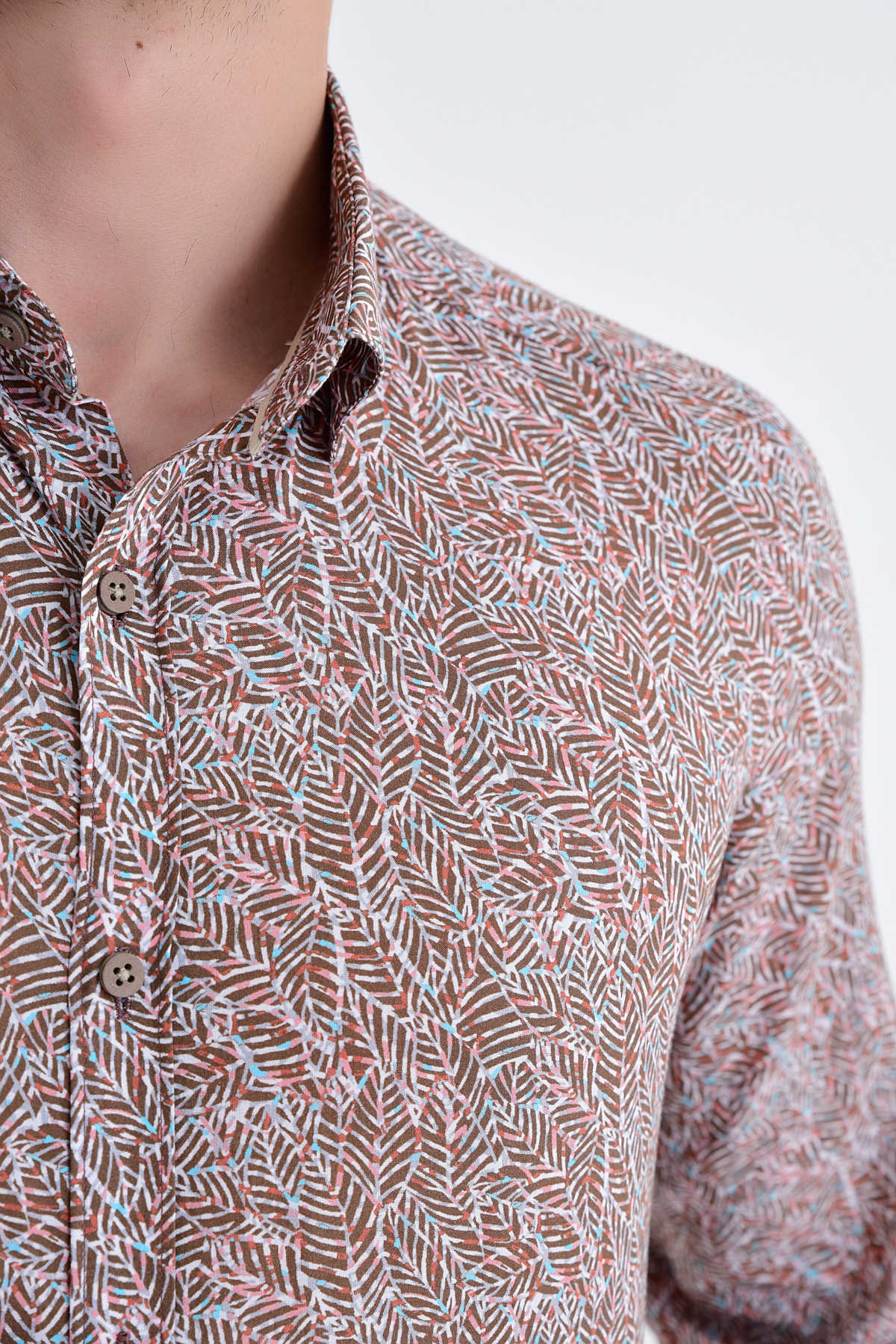 Slim Fit Printed Cotton Brown Casual Shirt - SAYKI