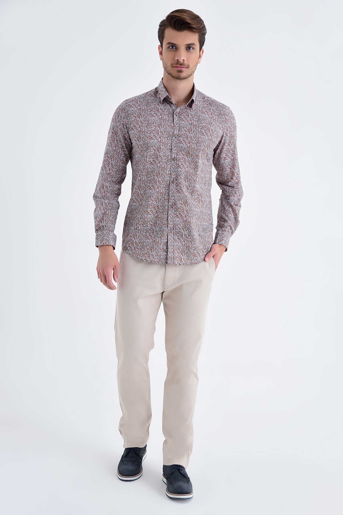 Slim Fit Printed Cotton Brown Casual Shirt - SAYKI