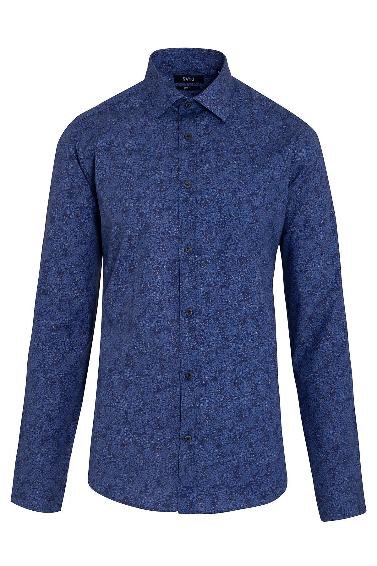A navy blue long-sleeved dress shirt with a subtle floral pattern and black buttons, featuring a classic collar.