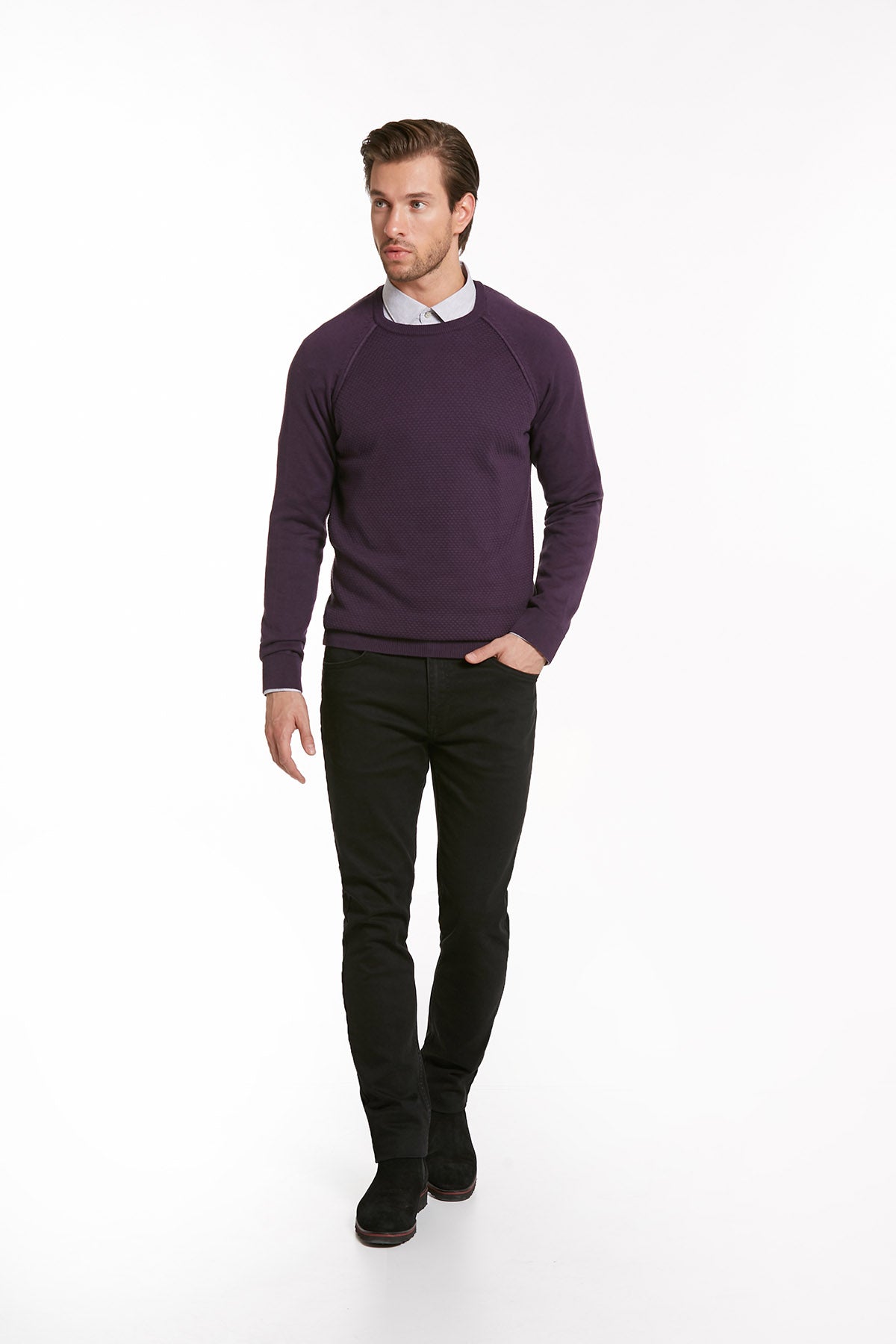 Slim Fit Purple Cotton Blend Crewneck Sweater - SAYKI