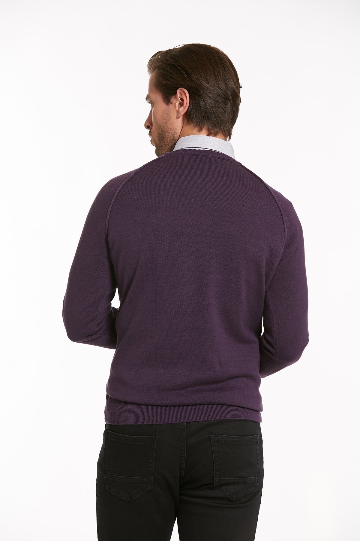 Slim Fit Purple Cotton Blend Crewneck Sweater - SAYKI