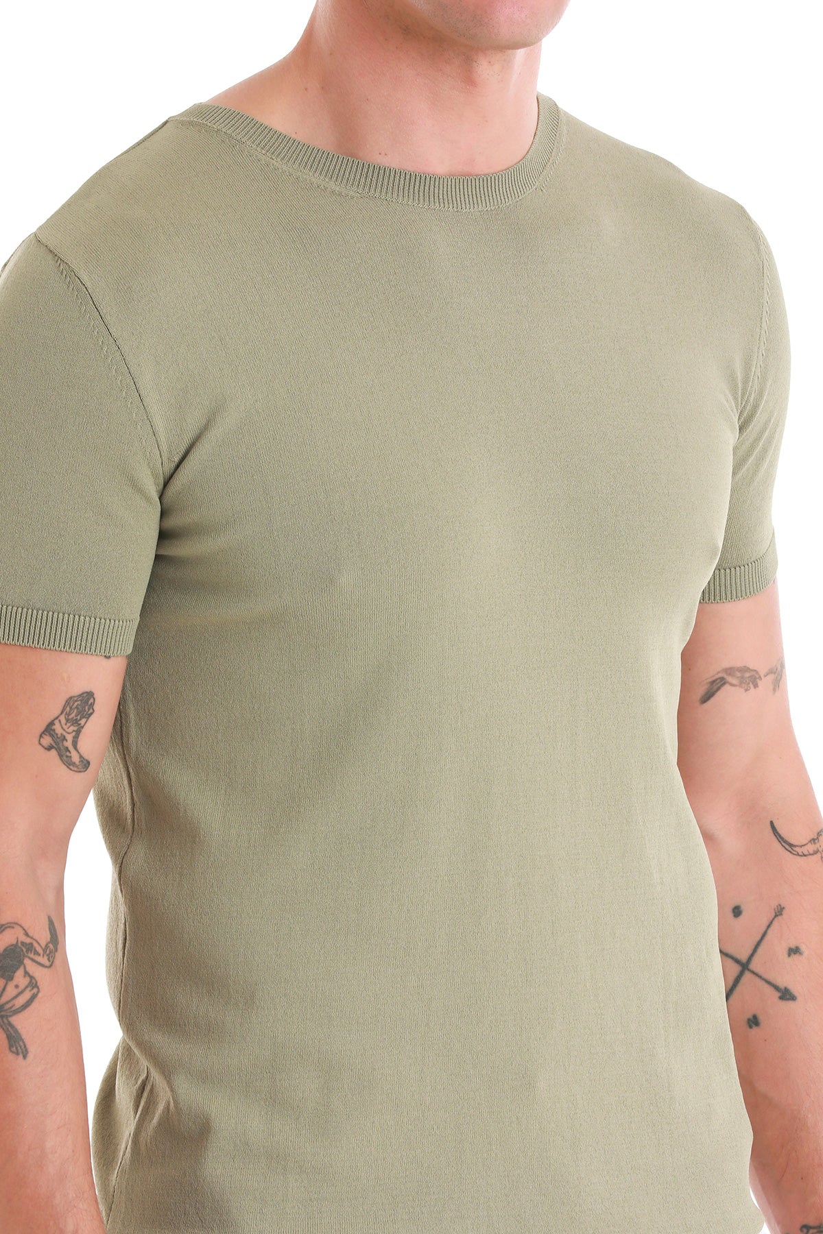 Slim Fit Rayon Green Crew Neck Knit T-Shirt - SAYKI