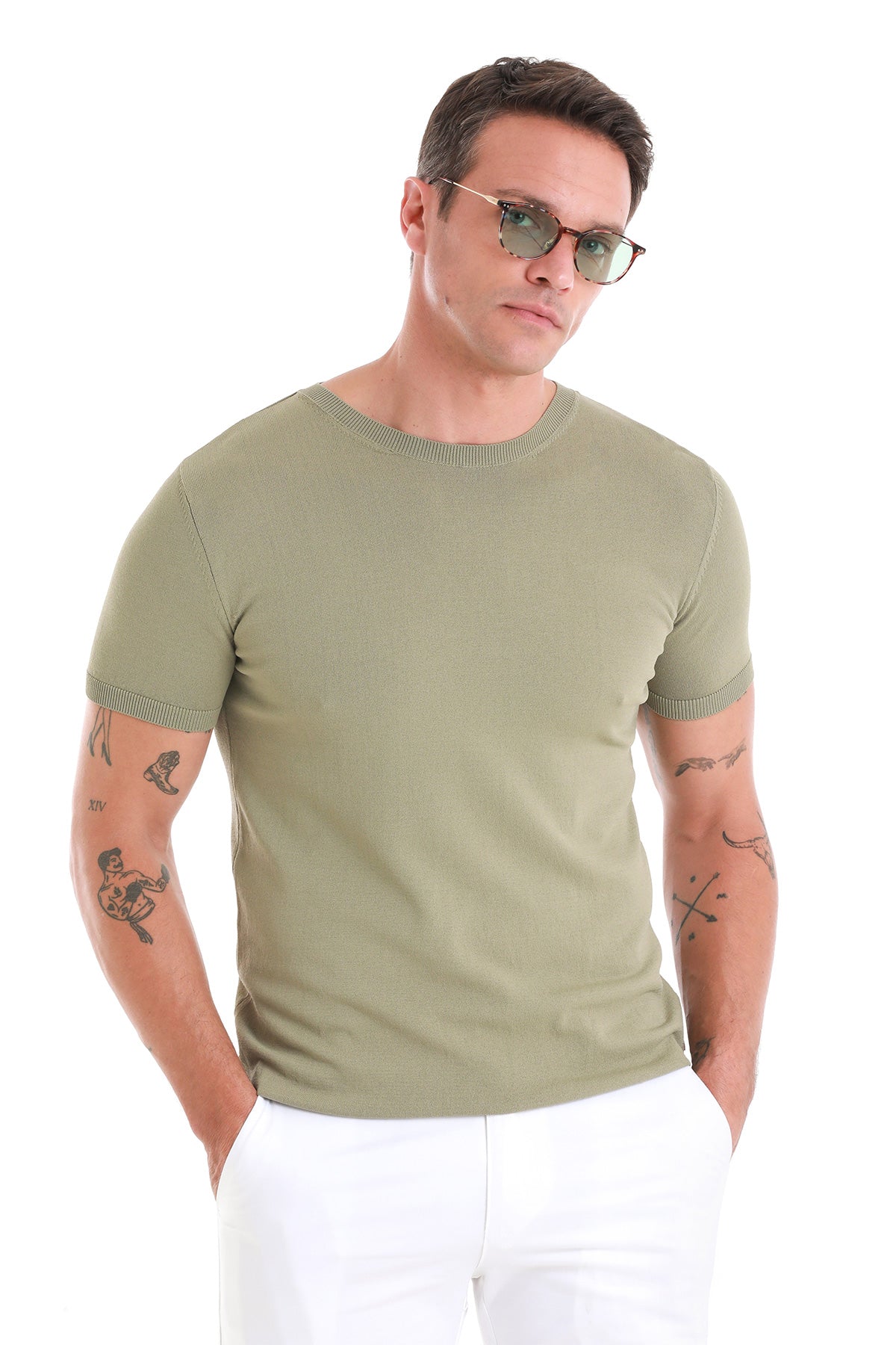 Slim Fit Rayon Green Crew Neck Knit T-Shirt - SAYKI