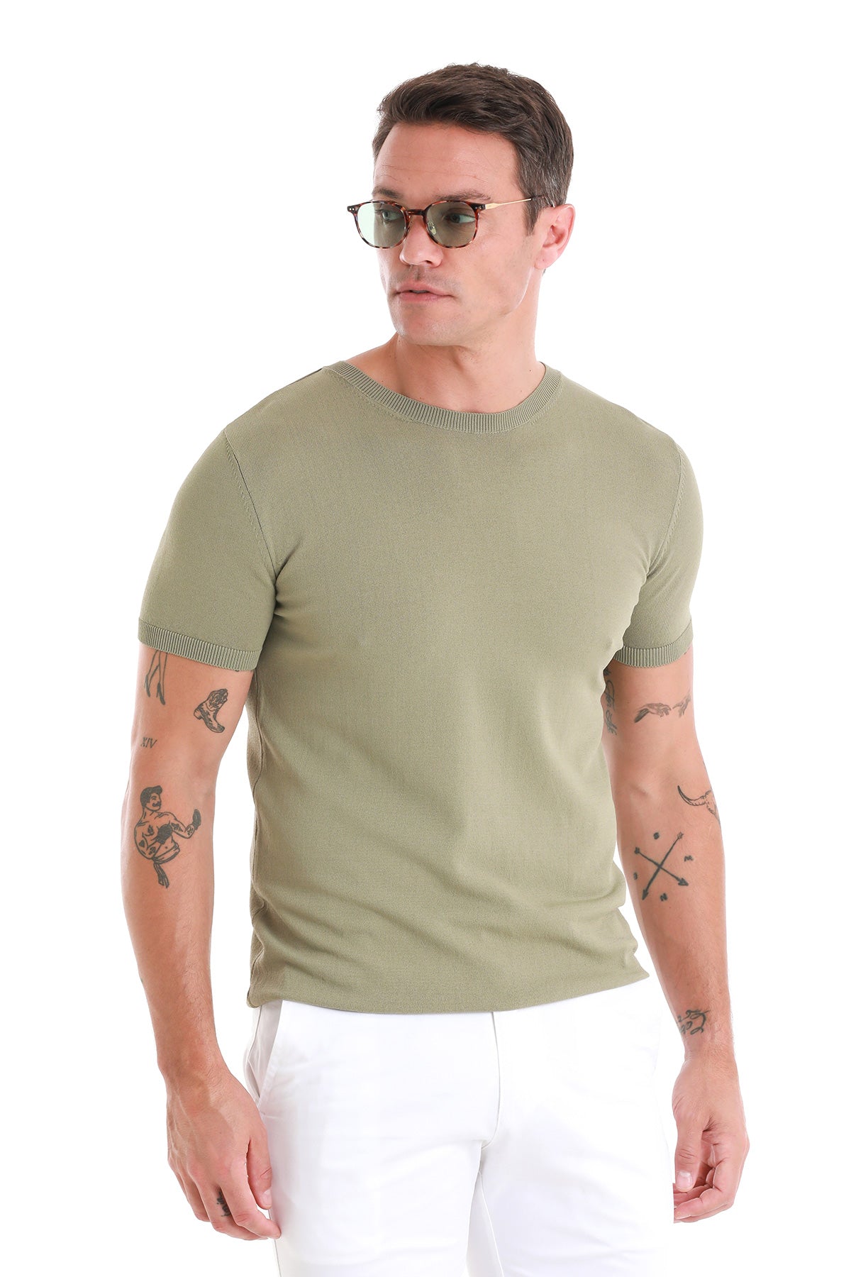 Slim Fit Rayon Green Crew Neck Knit T-Shirt - SAYKI