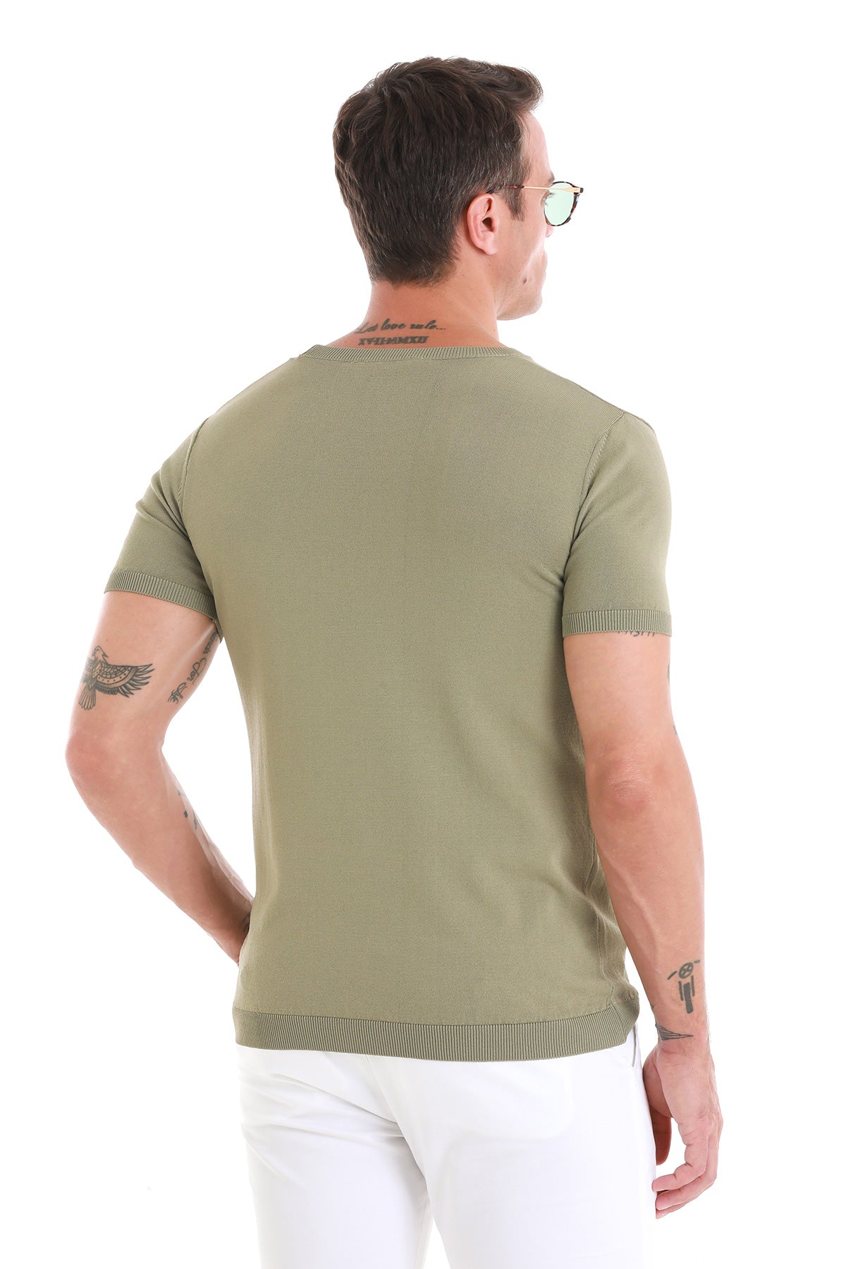 Slim Fit Rayon Green Crew Neck Knit T-Shirt - SAYKI