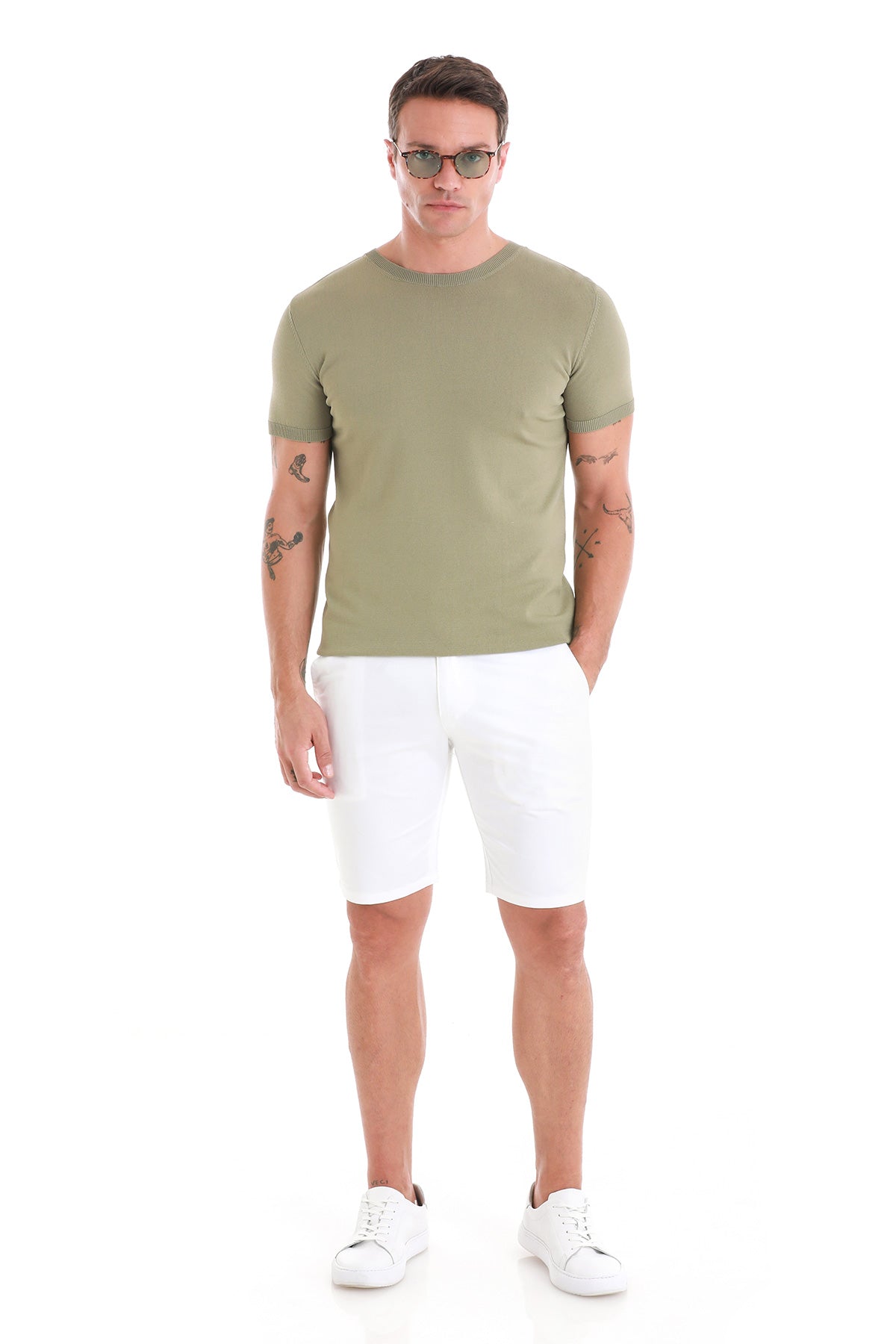 Slim Fit Rayon Green Crew Neck Knit T-Shirt - SAYKI