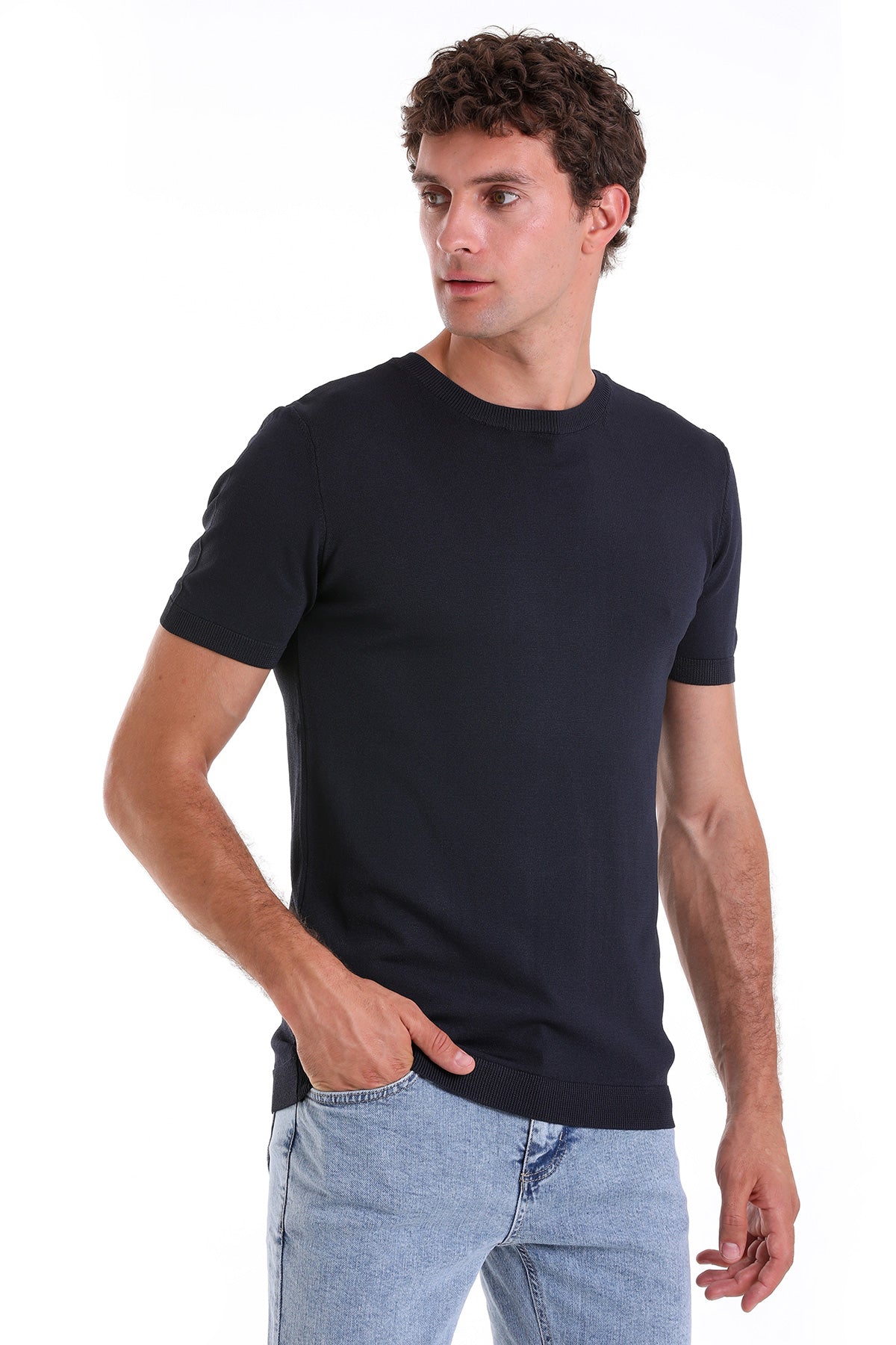 Slim Fit Rayon Navy Crew Neck Knit T-Shirt - SAYKI