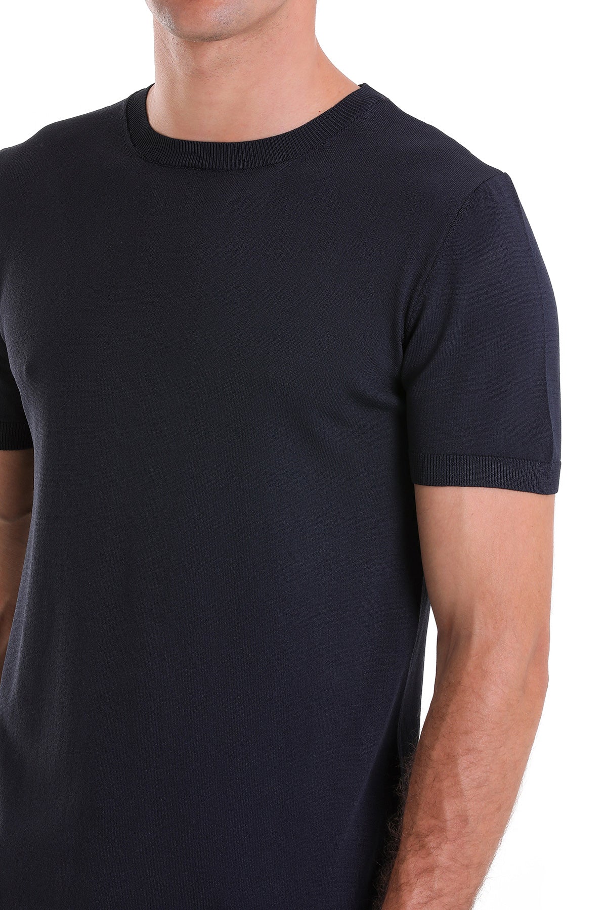 Slim Fit Rayon Navy Crew Neck Knit T-Shirt - SAYKI