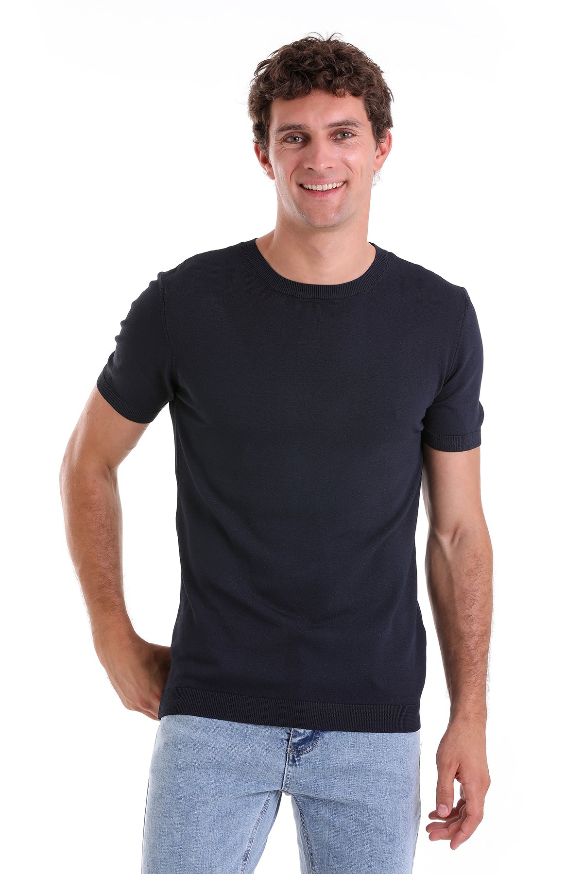 Slim Fit Rayon Navy Crew Neck Knit T-Shirt - SAYKI