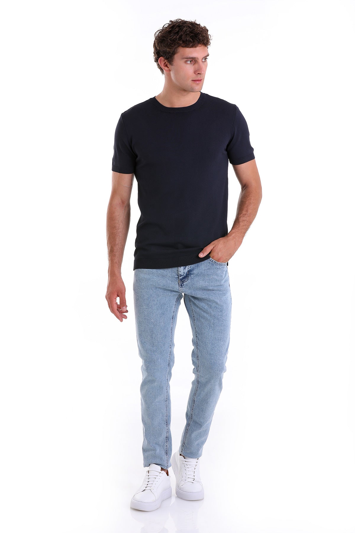 Slim Fit Rayon Navy Crew Neck Knit T-Shirt - SAYKI