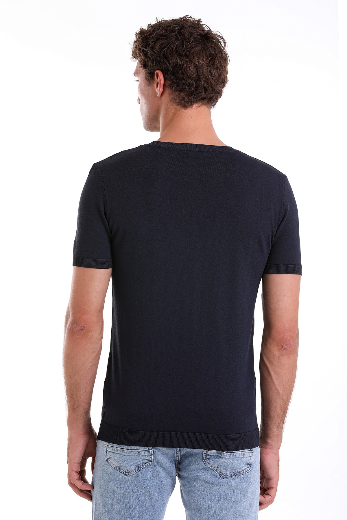 Slim Fit Rayon Navy Crew Neck Knit T-Shirt - SAYKI