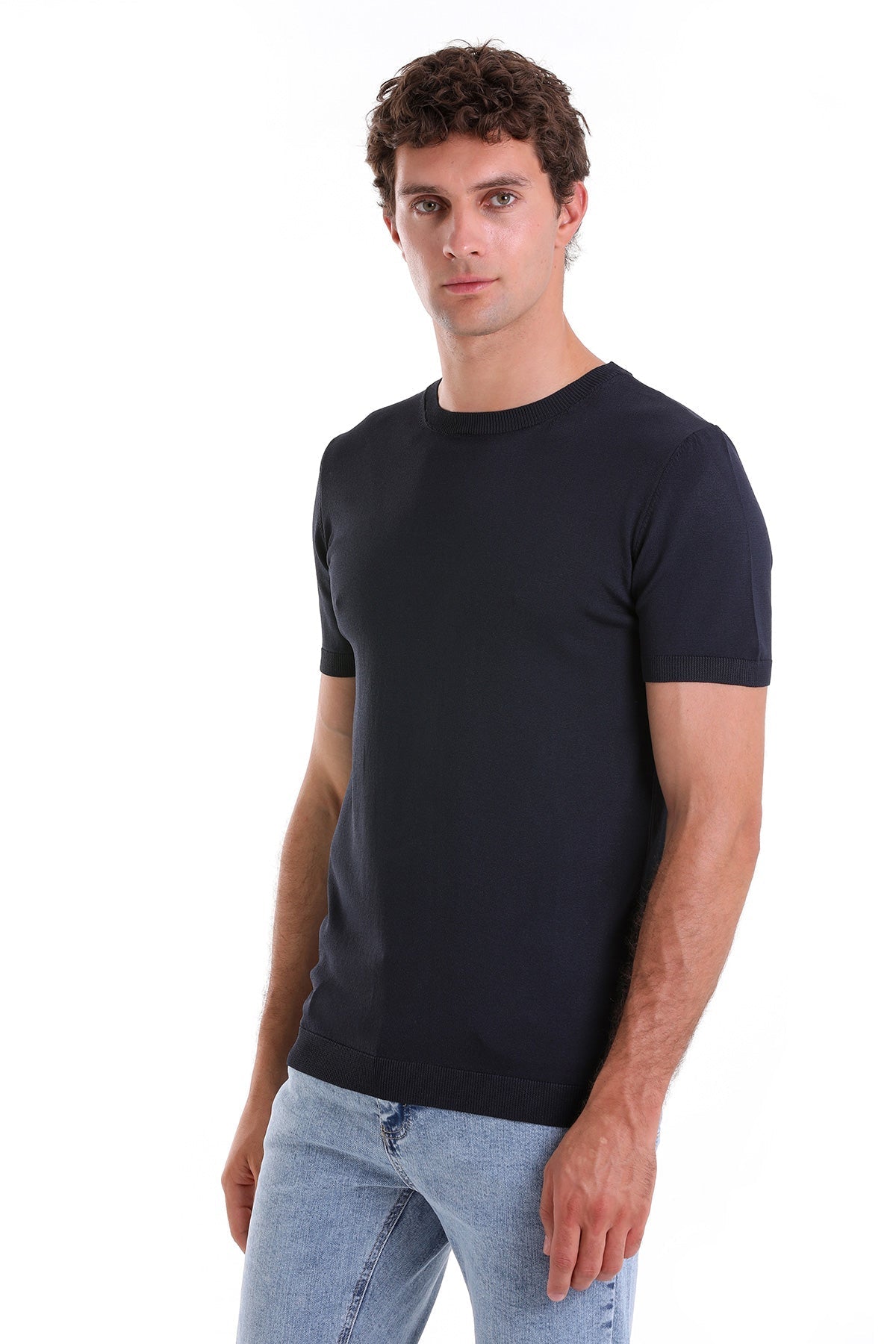 Slim Fit Rayon Navy Crew Neck Knit T-Shirt - SAYKI