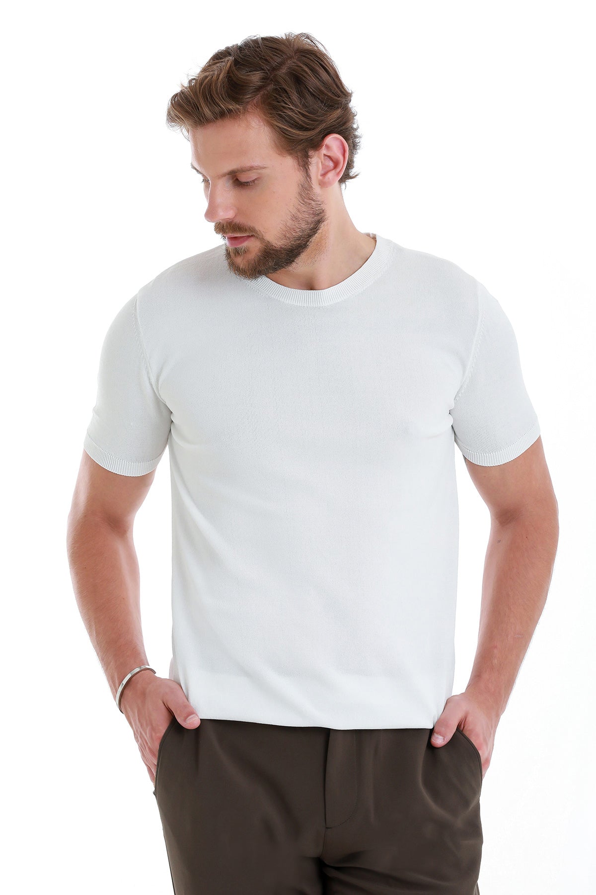 Slim Fit Rayon White Crew Neck Knit T-Shirt - SAYKI