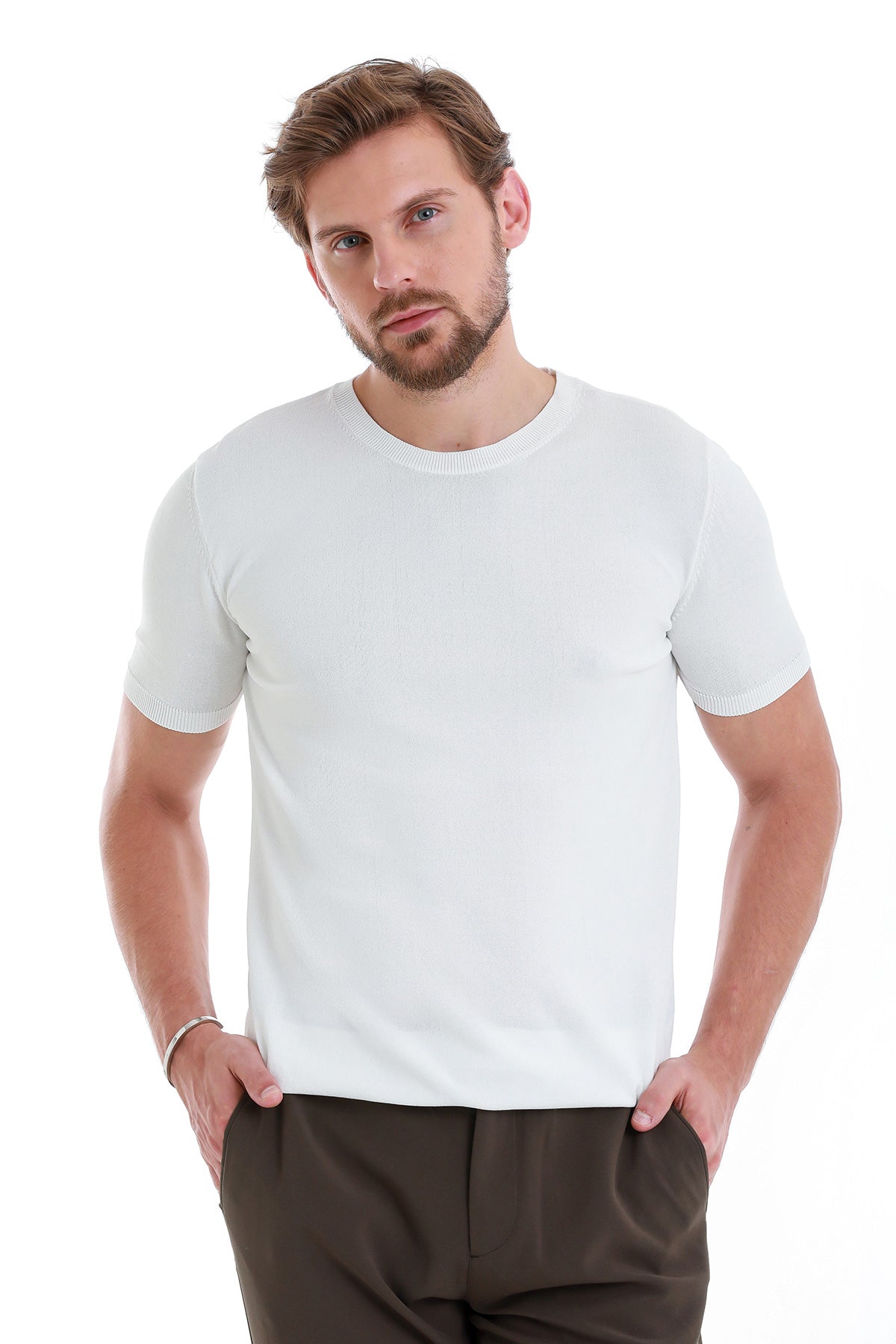 Slim Fit Rayon White Crew Neck Knit T-Shirt - SAYKI