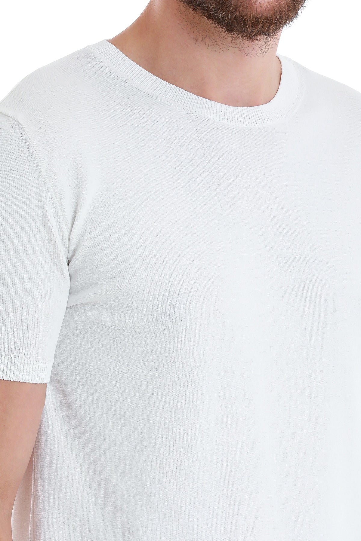 Slim Fit Rayon White Crew Neck Knit T-Shirt - SAYKI
