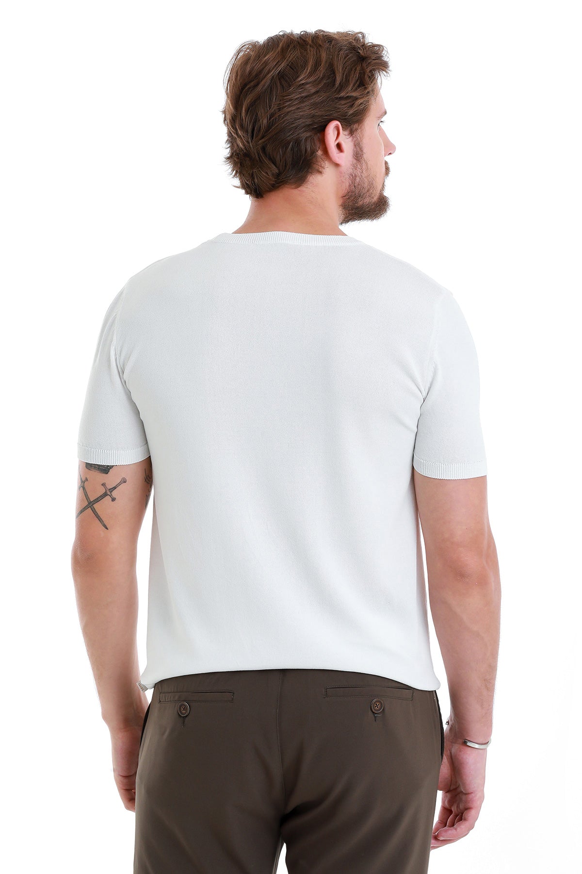 Slim Fit Rayon White Crew Neck Knit T-Shirt - SAYKI