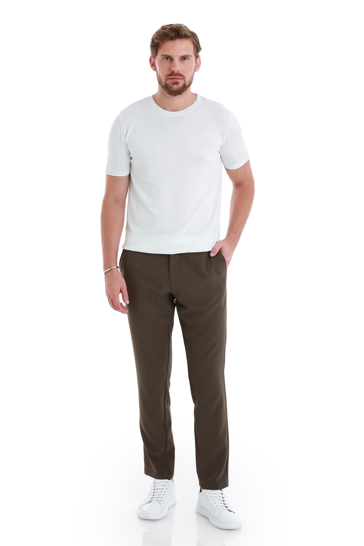 Slim Fit Rayon White Crew Neck Knit T-Shirt - SAYKI