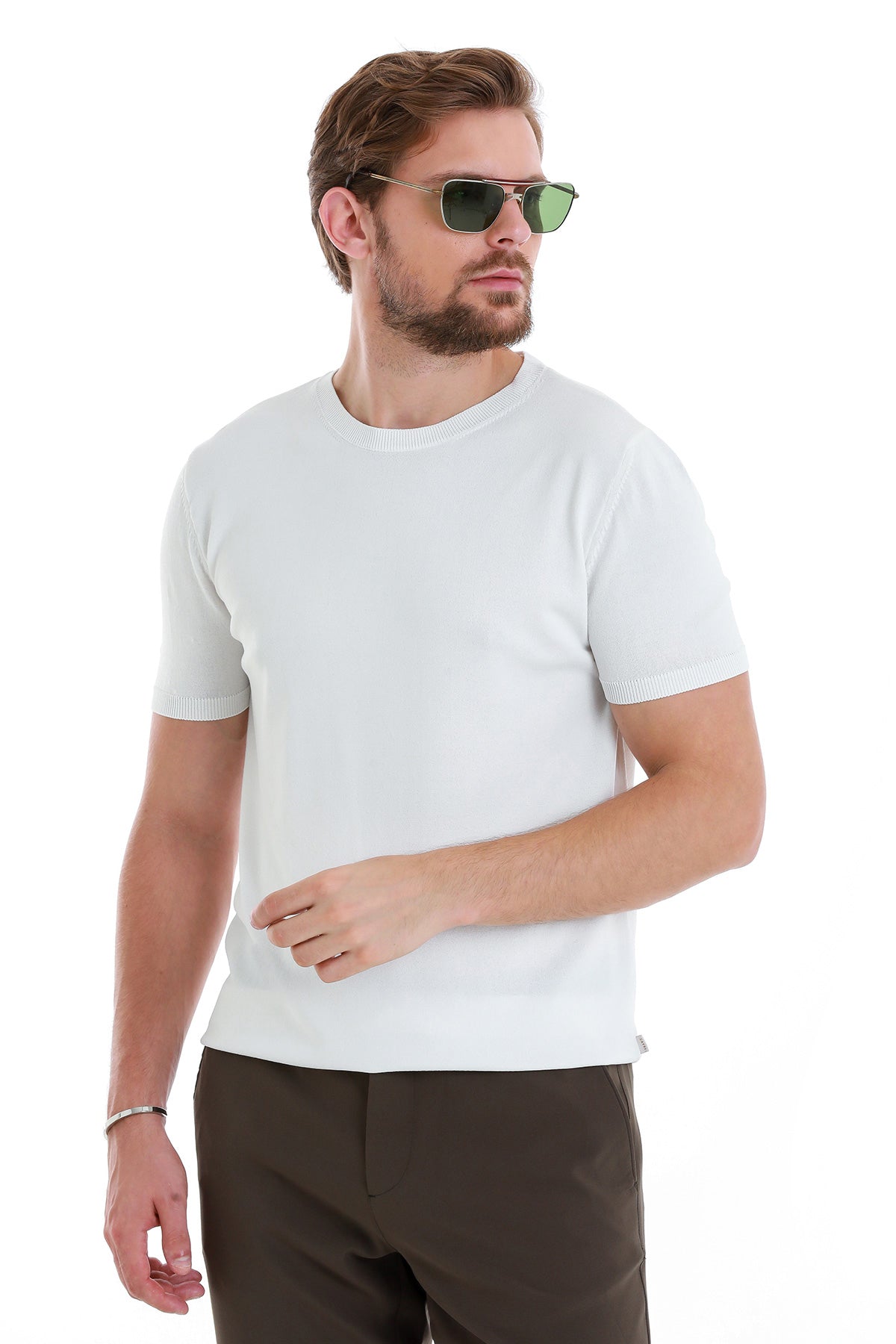 Slim Fit Rayon White Crew Neck Knit T-Shirt - SAYKI