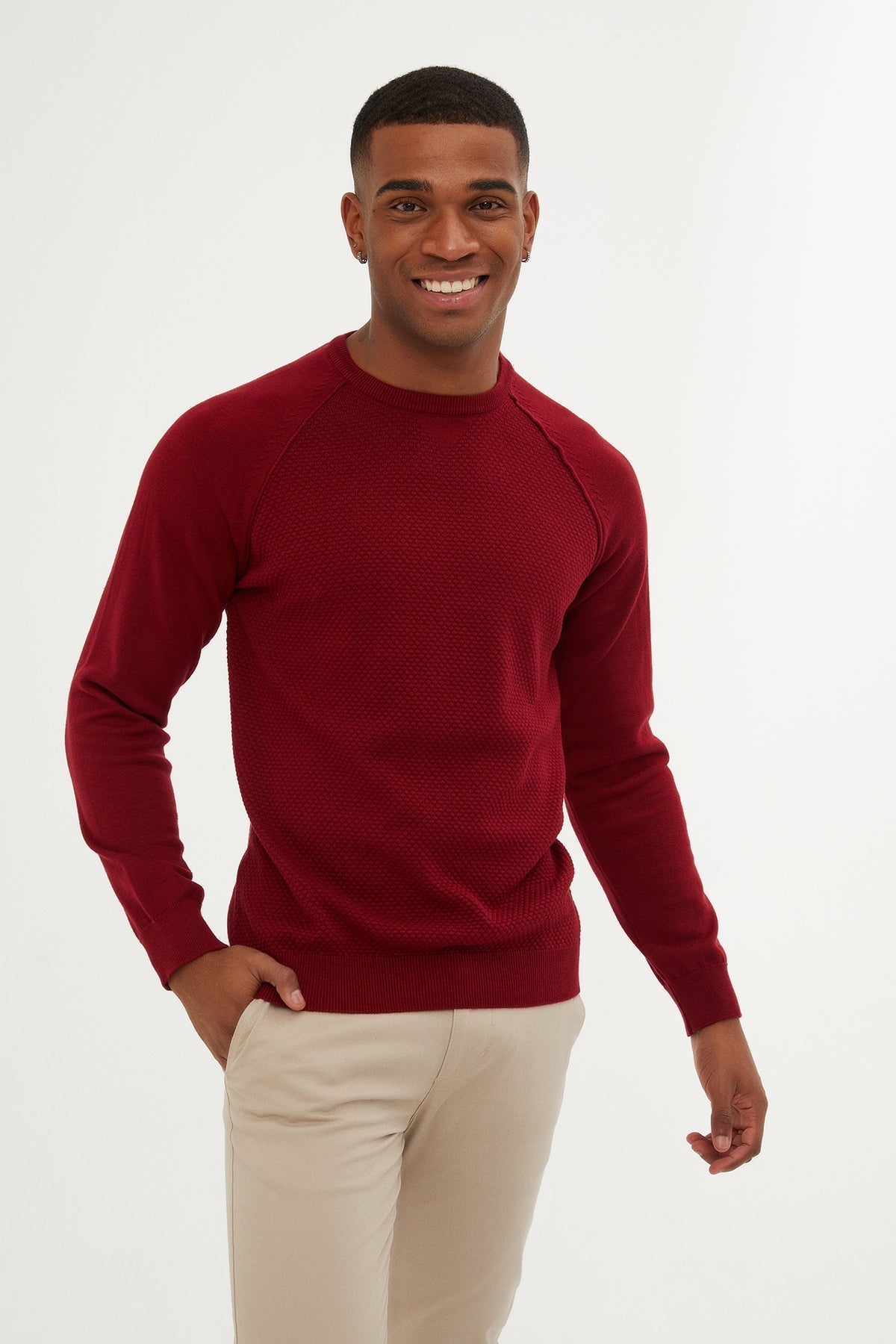 Slim Fit Red Cotton Blend Crewneck Sweater - SAYKI