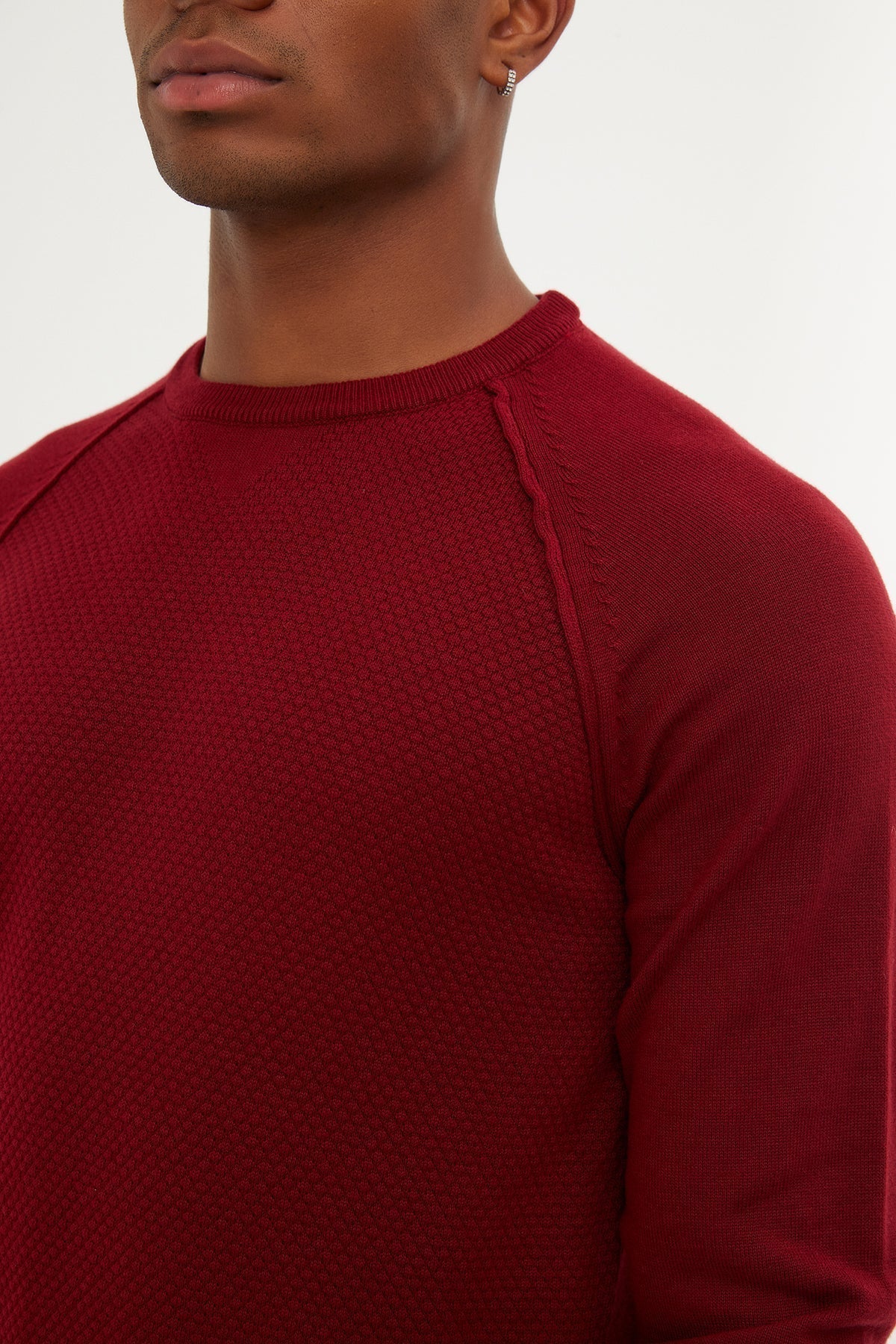 Slim Fit Red Cotton Blend Crewneck Sweater - SAYKI