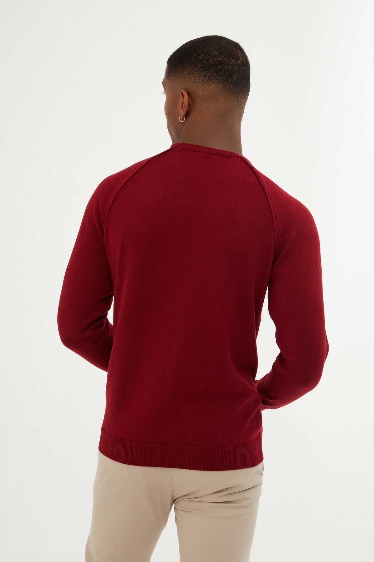 Slim Fit Red Cotton Blend Crewneck Sweater - SAYKI