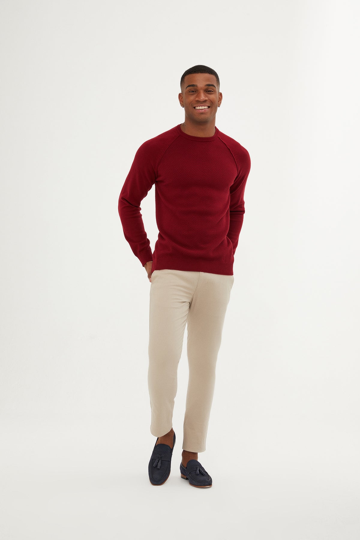 Slim Fit Red Cotton Blend Crewneck Sweater - SAYKI