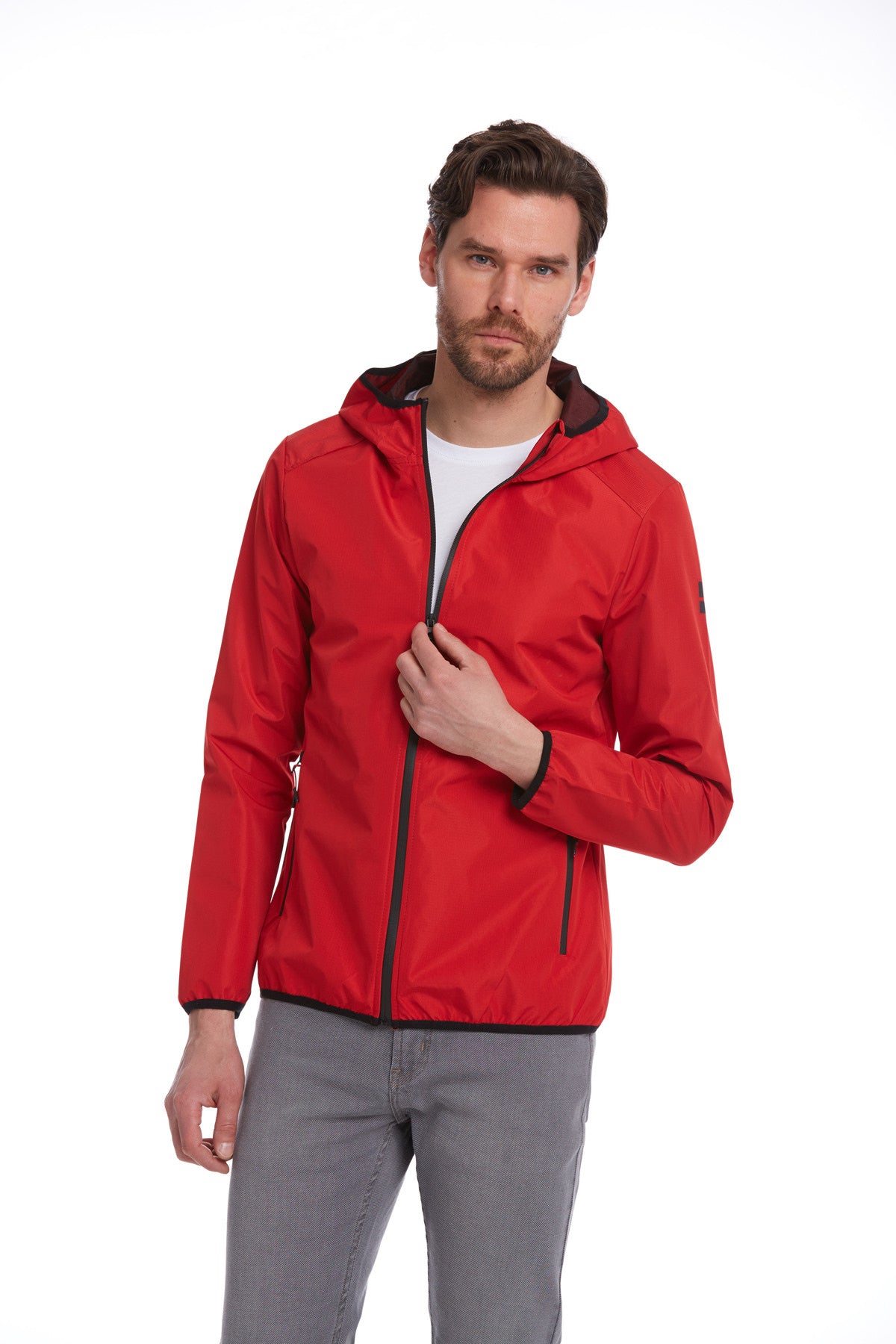 Red hooded jacket with black zipper and trim.