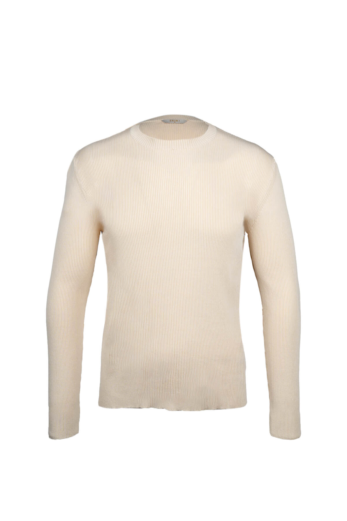Slim Fit Ribbed Rayon Beige Crewneck Sweater - SAYKI