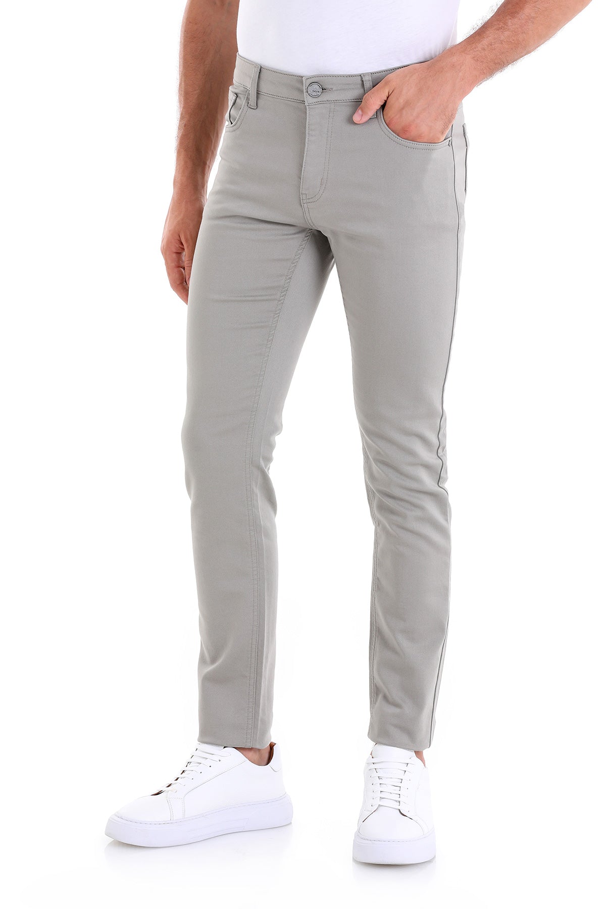 Slim-fit gray trousers with a clean, modern design and subtle stitching details.
