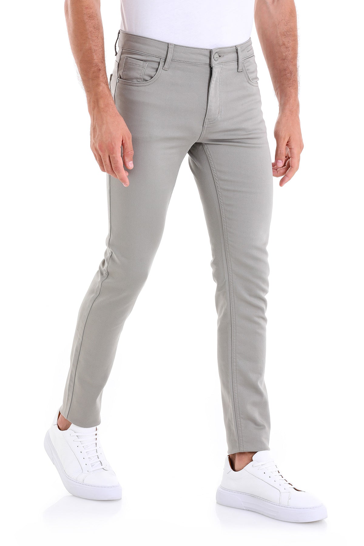 Light gray slim-fit jeans with a clean, modern design and subtle stitching details.