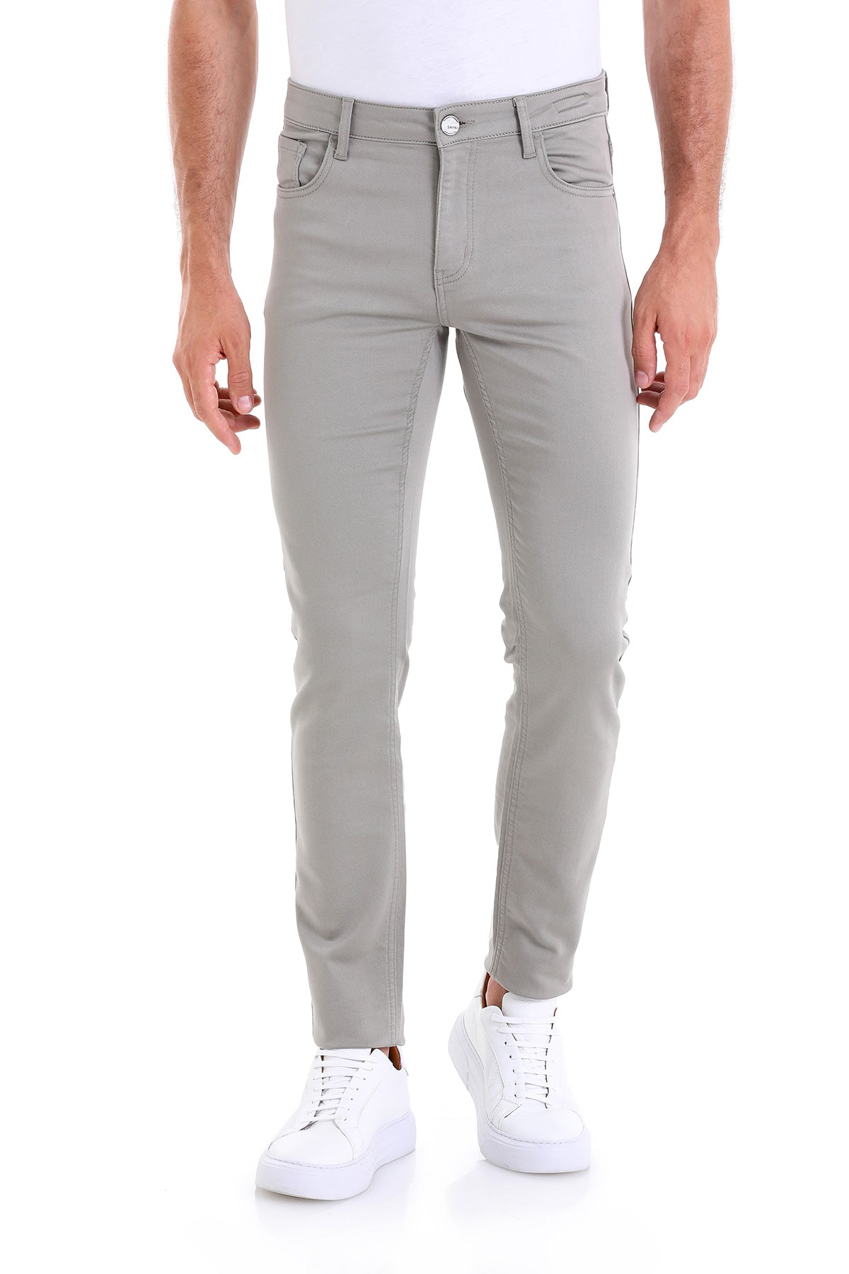 A pair of slim-fit, light gray denim jeans with a clean, modern design and classic five-pocket styling.
