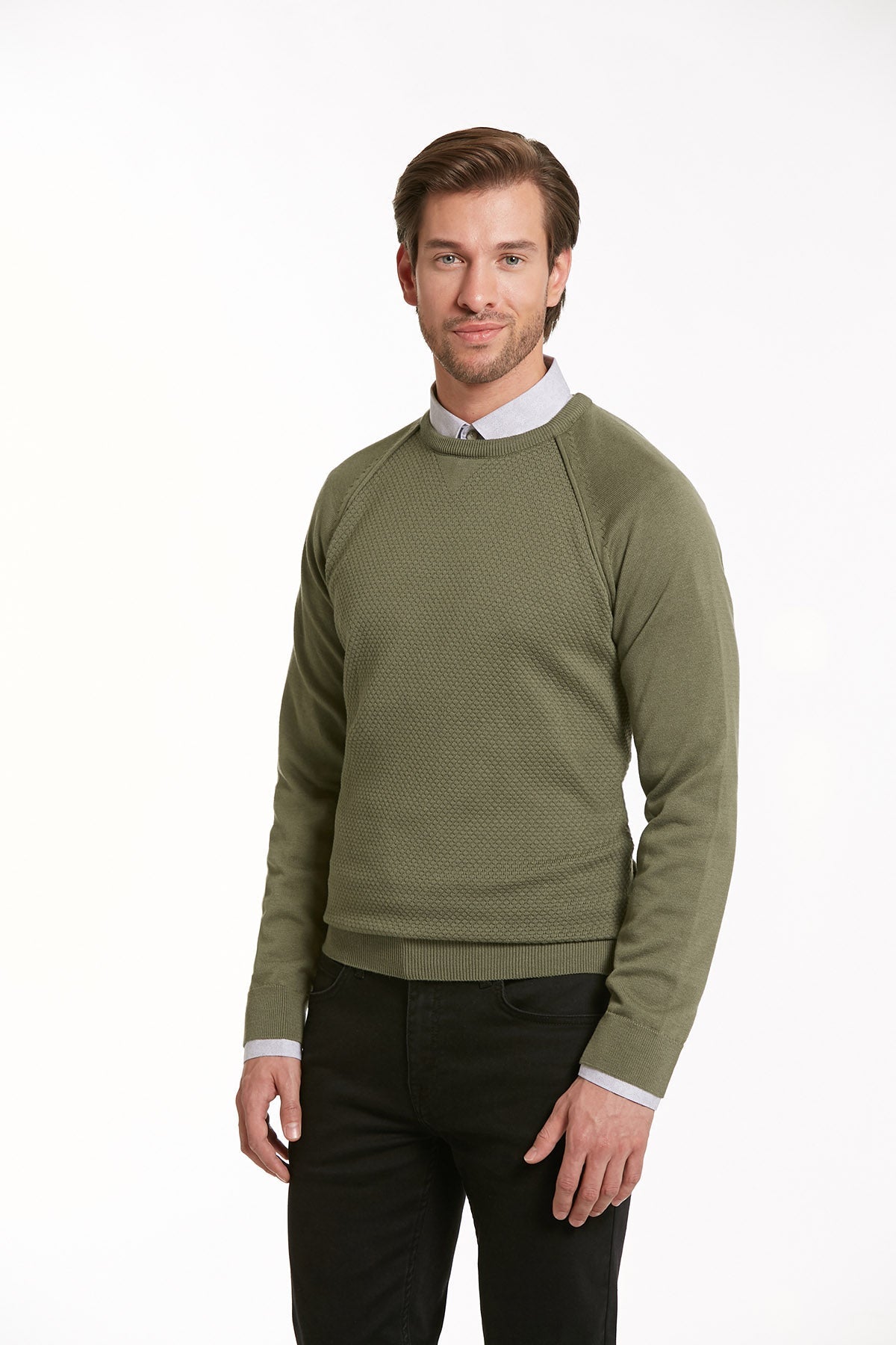 Slim Fit Seagrass Cotton Blend Crewneck Sweater - SAYKI