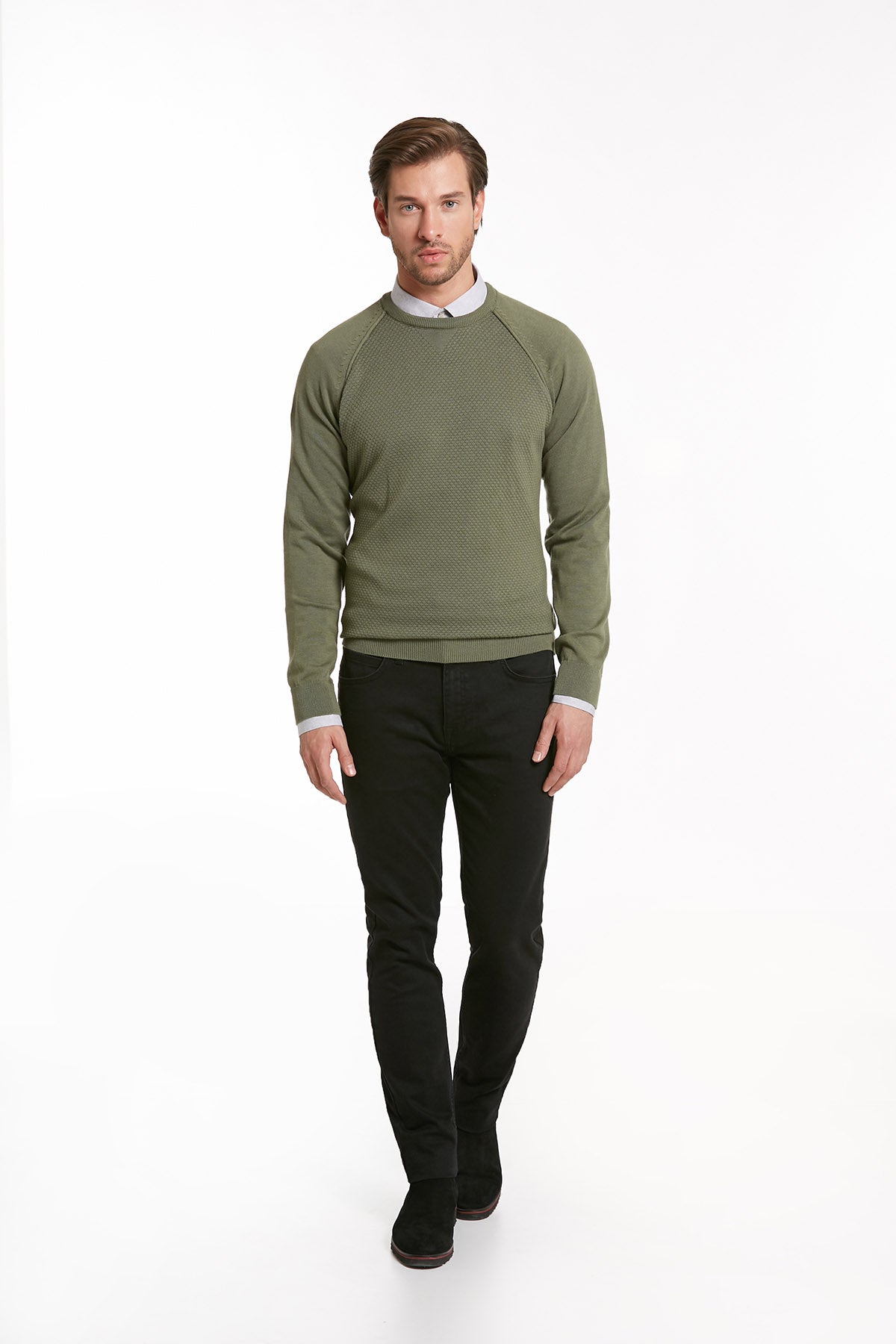 Slim Fit Seagrass Cotton Blend Crewneck Sweater - SAYKI