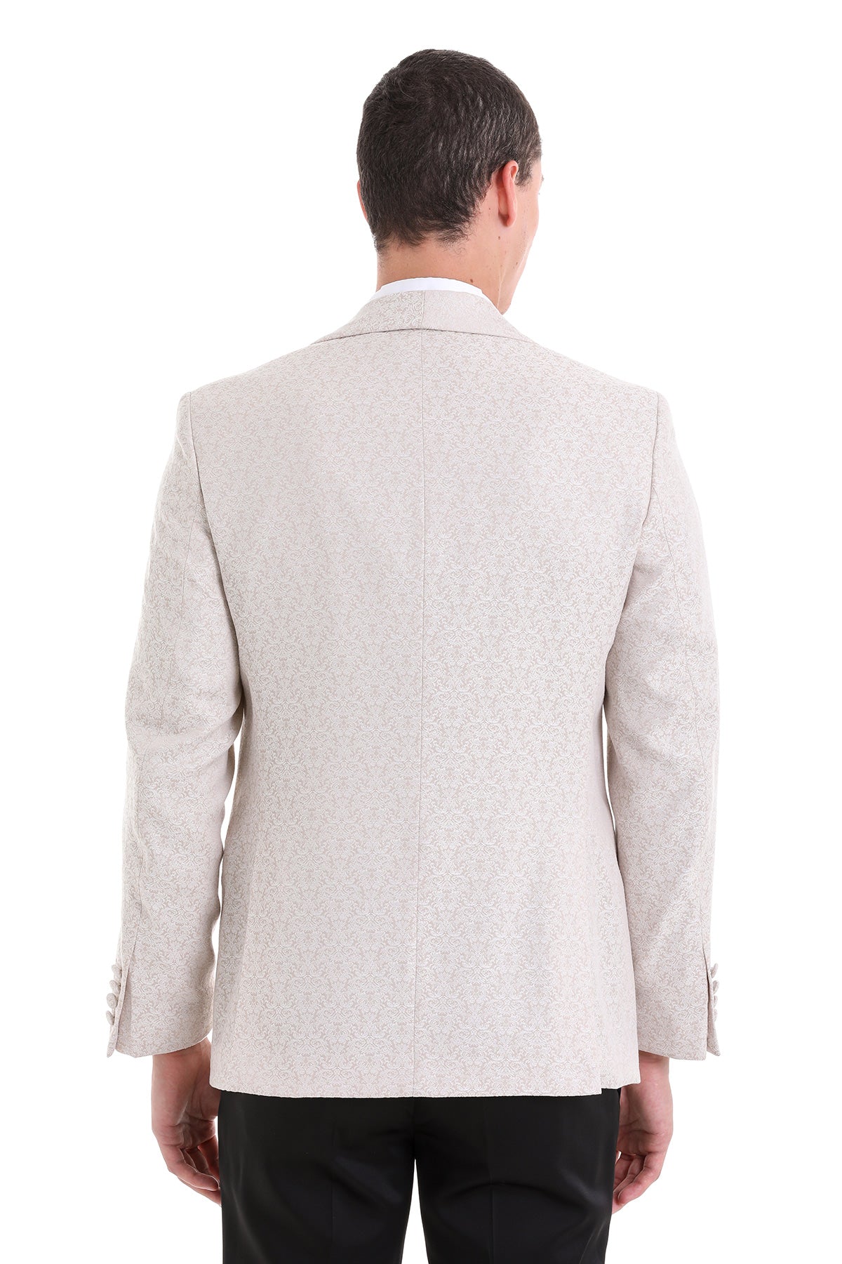 Slim fit beige textured blazer with floral jacquard pattern and tailored fit for elegant evening events