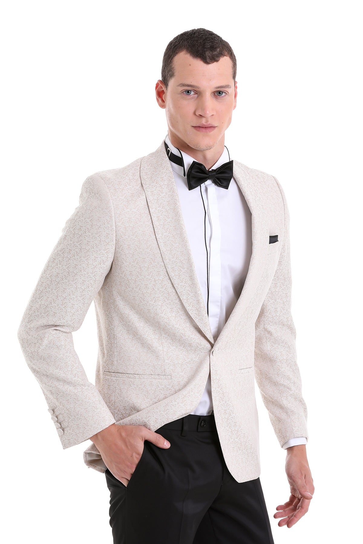 Slim fit beige floral jacquard tuxedo jacket with subtle pattern and black shawl lapel trim for evening events