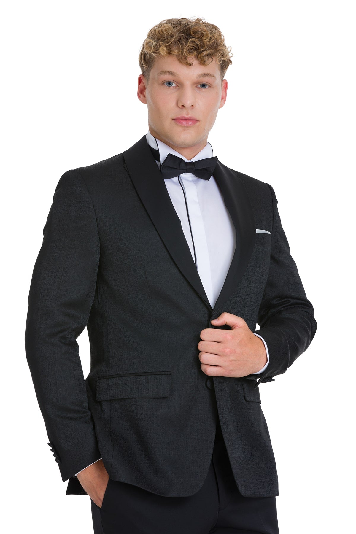 Slim fit black tuxedo jacket with satin shawl lapel and matching bow tie ideal for elegant evening events