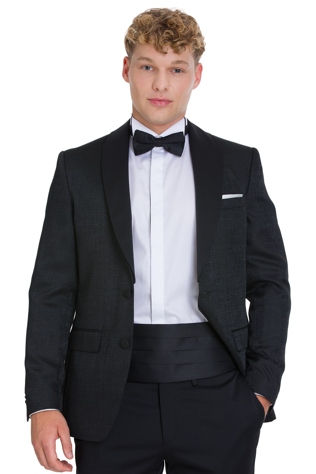 Slim fit black tuxedo with shawl lapel, textured fabric, matching trousers, and satin bow tie for evening events