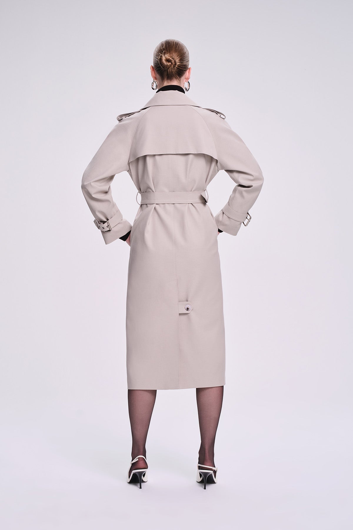 Slim Fit Shine Cotton Blend Light Khaki Long Coat - SAYKI