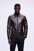 Slim Fit Shirt Collar Black 100% Leather Coat