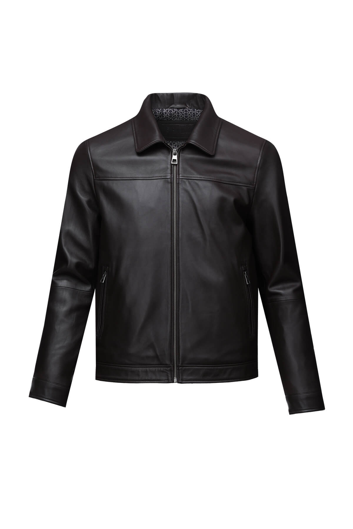 Black leather jacket with a classic collar and front zipper.