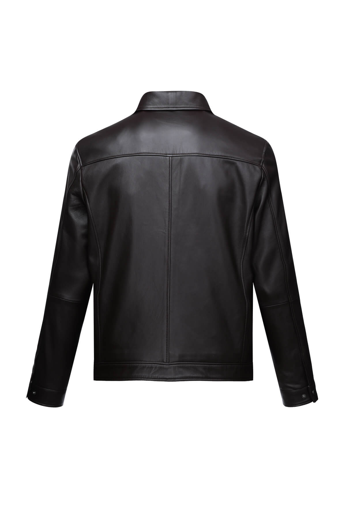 Black leather jacket with a classic collar and clean, straight seams.