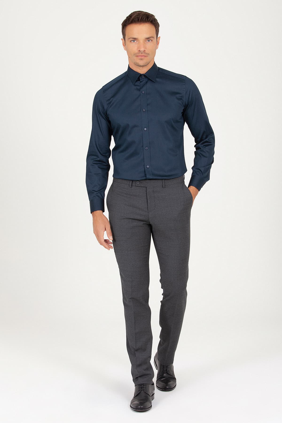 Slim Fit Side Pocket Low Waist Wool Gray Dress Pants - SAYKI