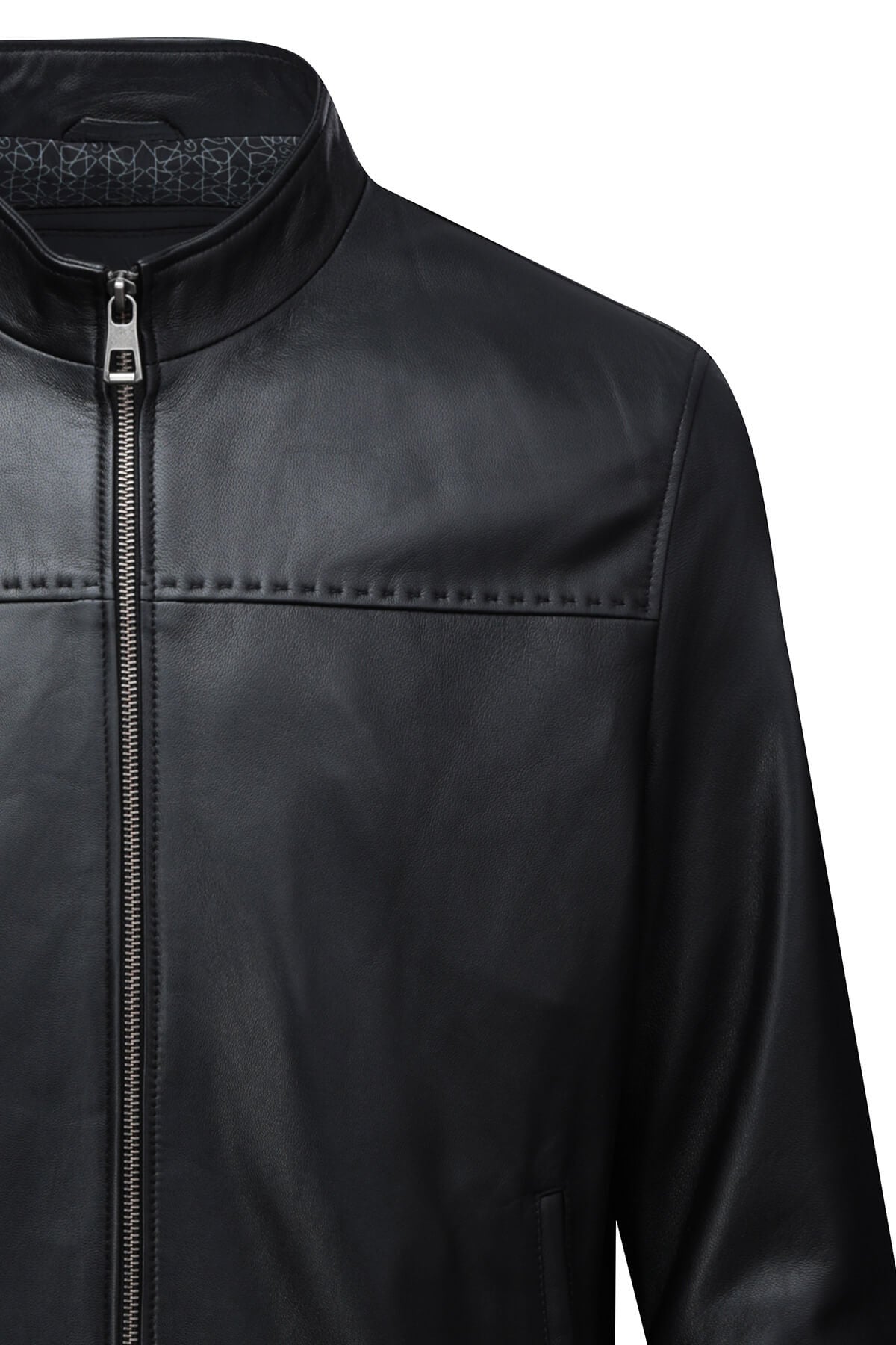 Black leather jacket with a sleek, matte finish and subtle stitching details.
