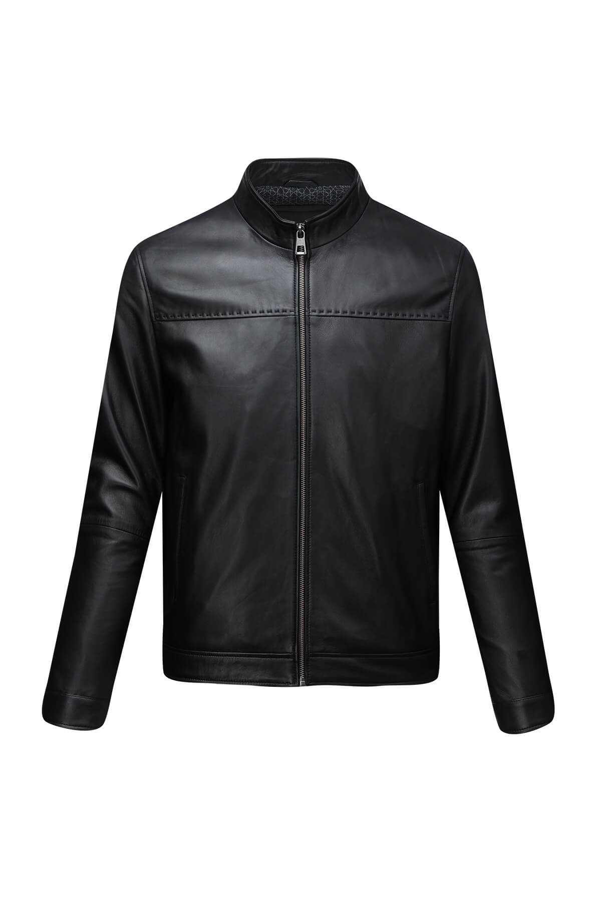 Black leather jacket with a stand-up collar and front zipper.