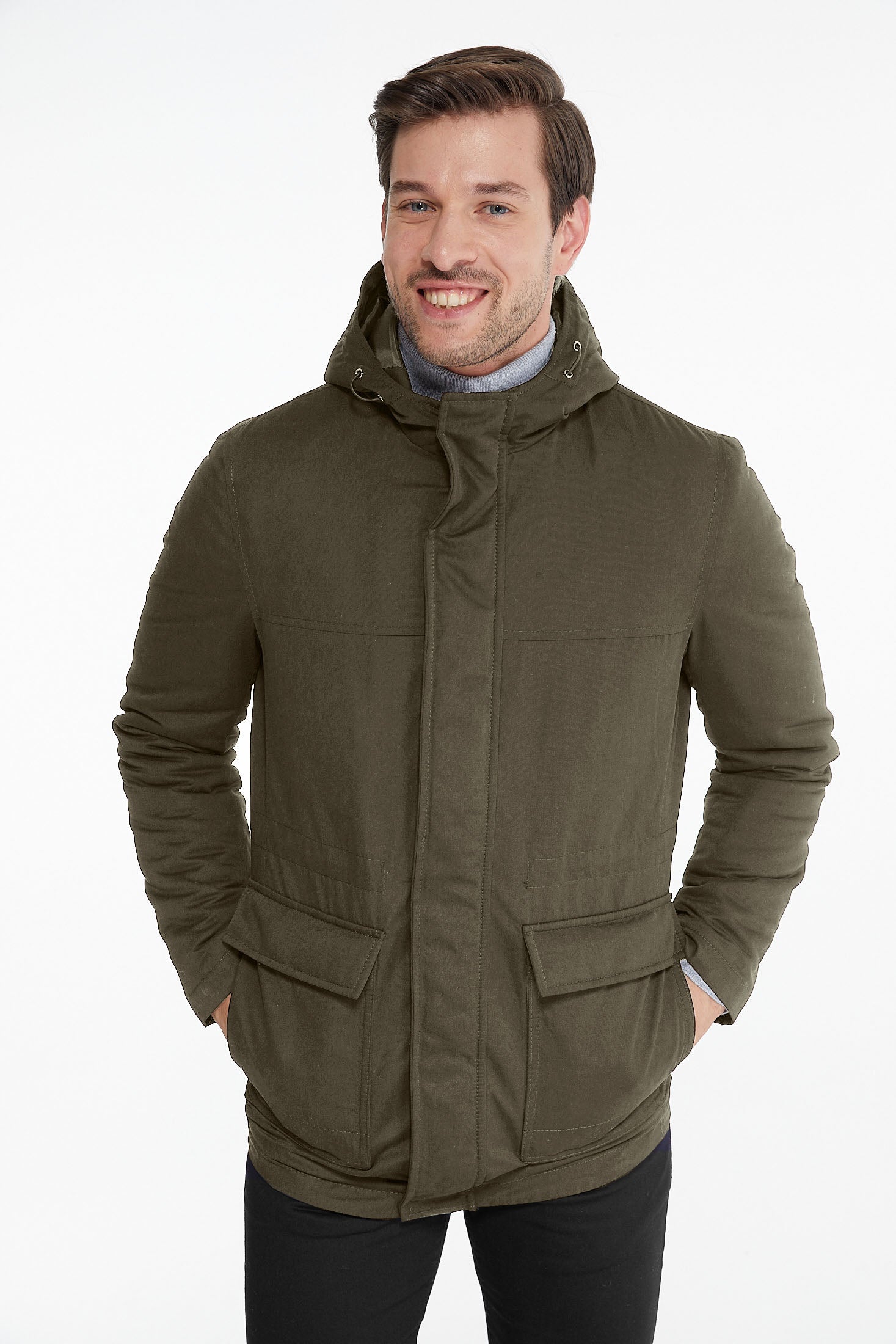 Olive green hooded parka with two front pockets and a zipper closure