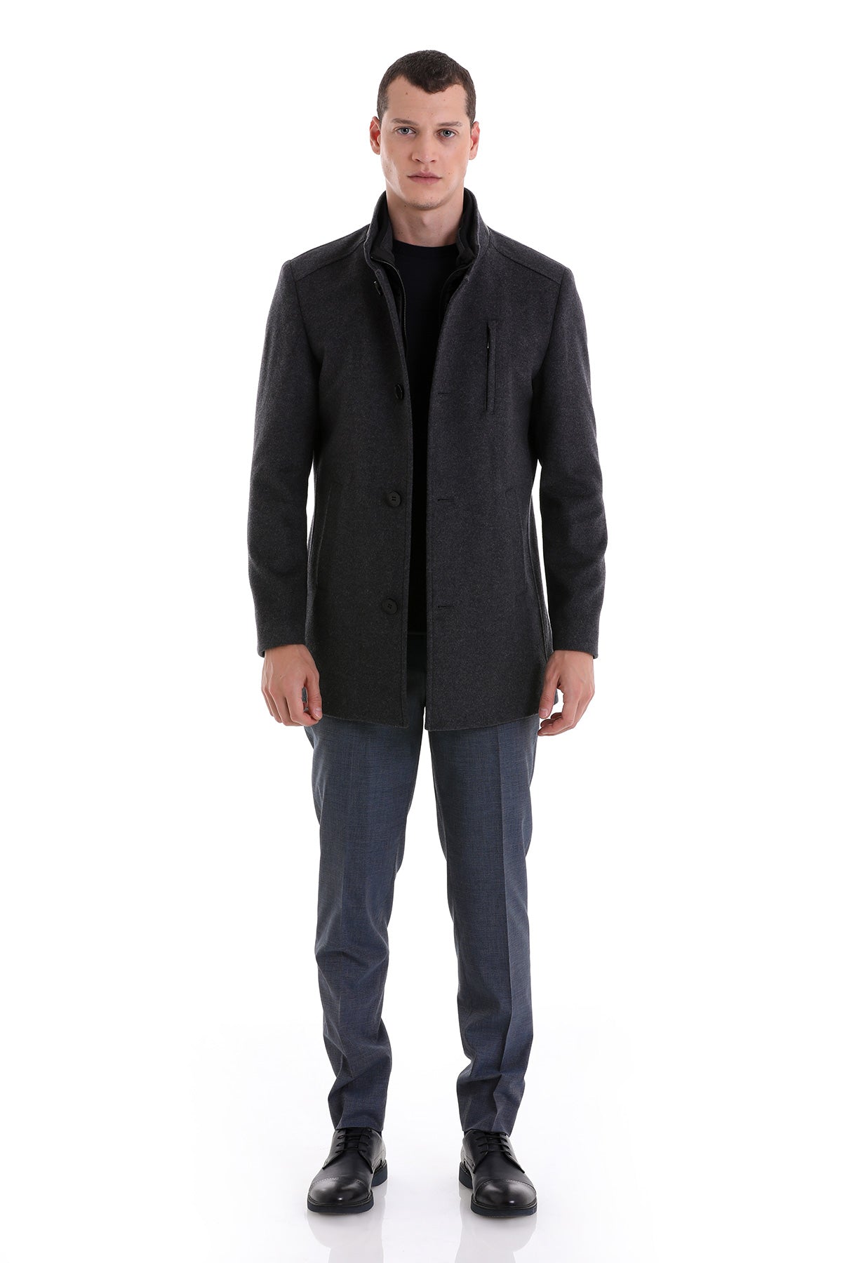 Black men’s tailored coat with a structured collar and front button closure.