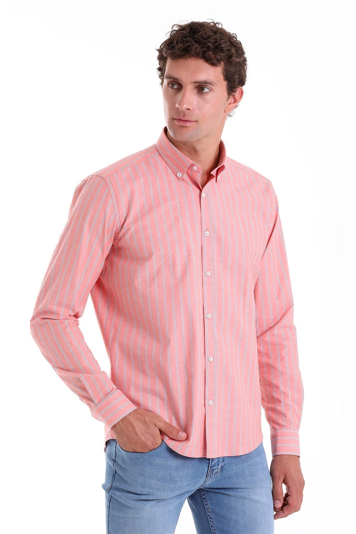 A pink long-sleeved button-down shirt with thin white vertical stripes.