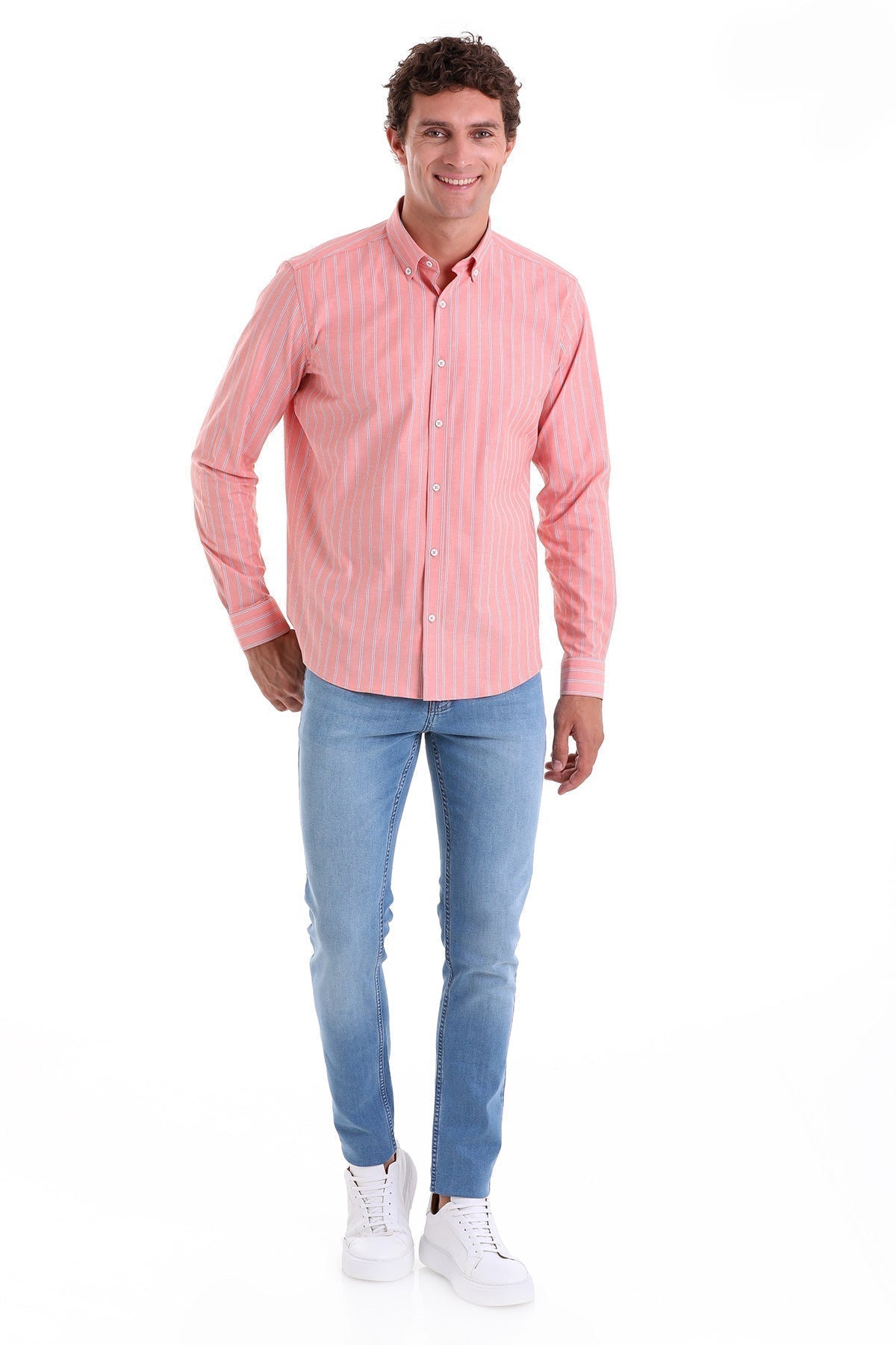 Slim Fit Striped Cotton Blend Orange Casual Shirt - SAYKI