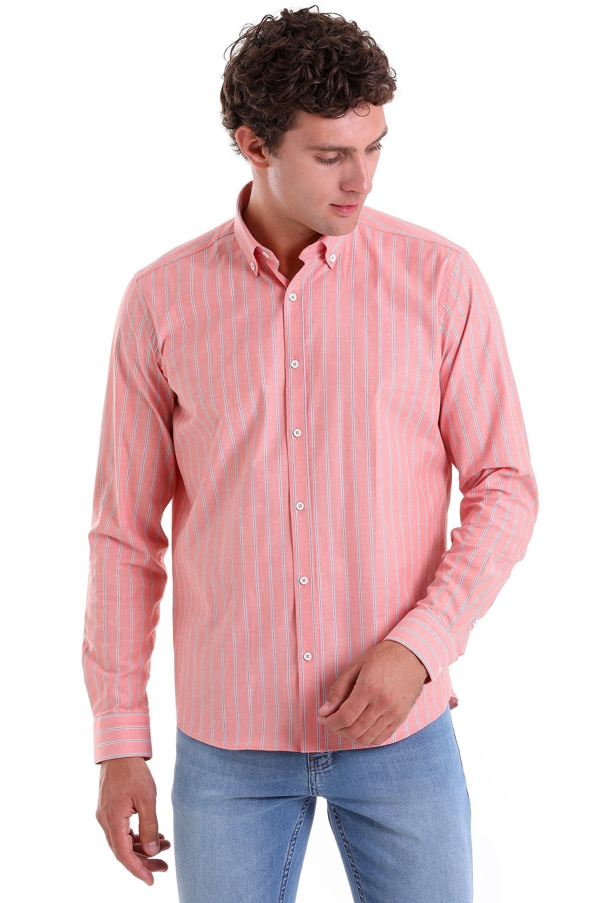 Slim Fit Striped Cotton Blend Orange Casual Shirt - SAYKI