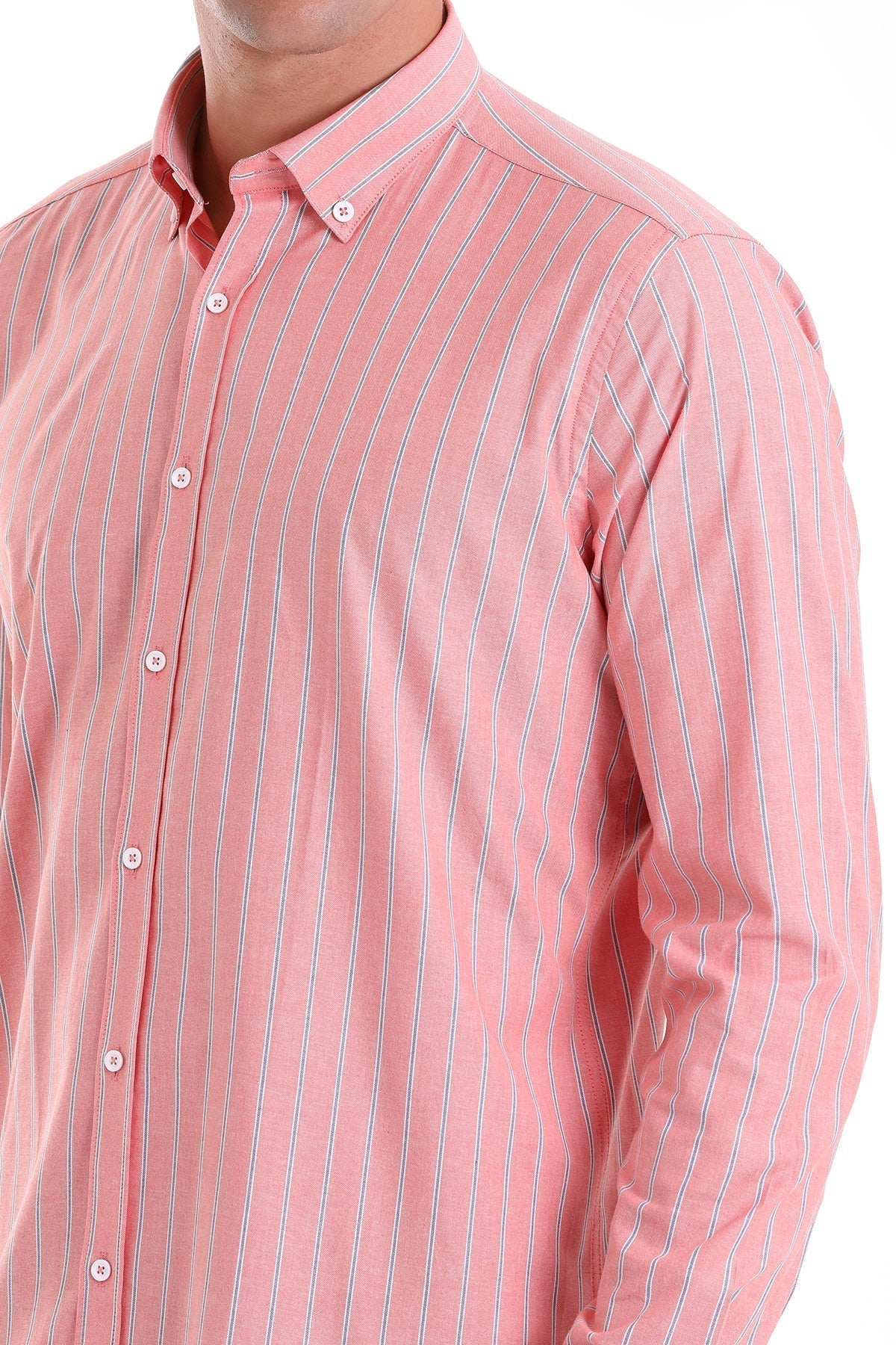 Slim Fit Striped Cotton Blend Orange Casual Shirt - SAYKI